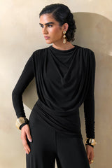 Raniella | Black High-Neck Top With Gathered And Draped-Detailing