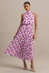 Refractive | Purple Floral Print Satin Maxi Dress With Halter-Neck and Pleated Skirt