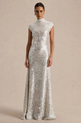 Cecy | Silver Sequin High-Neck Maxi Dress With Cap Sleeves