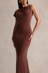 Blaire | Brown Asymmetric-Neck Maxi Dress With Gold-Detailing