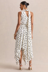 Caluna | White And Black Polka Dot Satin Asymmetric-Neck Midi Dress With Scarf-Detail
