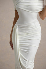Enchant | White Asymmetric Twisted Cape Midi Dress