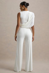 Opulence | White Jumpsuit With Cape Sleeve and Draped Details