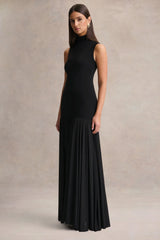 Gigi | Black High-Neck Maxi Dress With Drop-Waist And Sheer Skirt