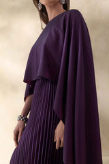 Loradia | Dark Plum Satin Round-Neck Maxi Dress With Cape-Sleeves And Pleated-Skirt