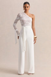 Clarence | White Lace Asymmetric-Neck Jumpsuit With Bow-Details