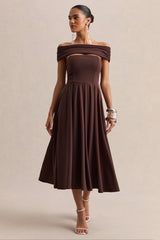 Mavina | Brown Bardot-Neck Midi Dress