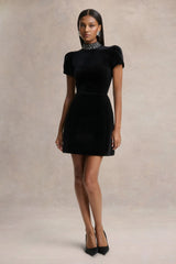 Margot | Black High-Neck Velvet Mini Dress With Embellished Detail