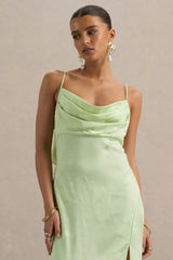Maddie | Light Green Floral Print Satin Cowl-Neck Maxi Dress