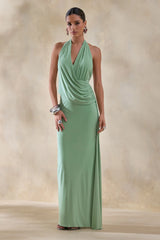 Rosina | Sage Halter-Neck Draped Maxi Dress With Sash