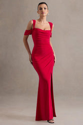 Amoura | Red Square-Neck Draped Wrap Maxi Dress