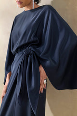Delphina | Navy Satin Maxi Dress With Gathered And Knot-Detail