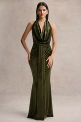 Lavernia | Olive Velvet Halter-Neck Maxi Dress With Gathered-Detailing
