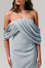 Serene | Powder Blue Draped Bardot Maxi Dress