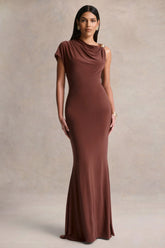 Blaire | Brown Asymmetric-Neck Maxi Dress With Gold-Detailing
