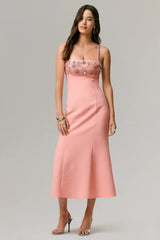 One To Remember | Coral Square-Neck Embellished Midi Dress