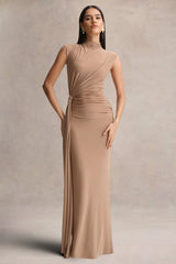 Solene | Brown High-Neck Maxi Dress With Wrap And Drape Detail