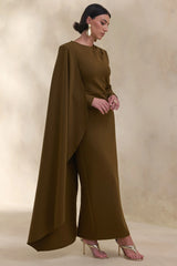 Jovea | Olive Round-Neck Maxi Dress With Cape-Sleeve