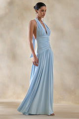 Bettina | Powder-Blue Plunge-Neck Maxi Dress With Gathered-Detailing