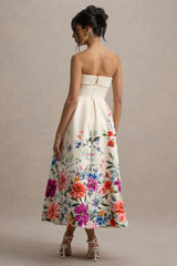 Annalise | Light Pink Floral Print Bandeau Skater Midi Dress