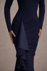 Alayna | Navy Long-Sleeve Maxi Dress With Ruffled Split