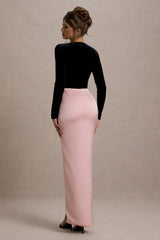 Love Spell | Black Velvet Plunge-Neck Maxi Dress With Pink Satin Skirt