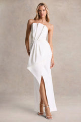 Dreamy Whispers | Cream Strapless Ruffle Split Maxi Dress