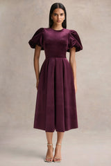 Seraphic | Burgundy Velvet Puff-Sleeve Midi Dress