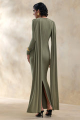 Lysoria | Olive High-Neck Maxi Dress With Draped-Detailing And Cape-Sleeves