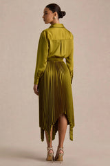 Naxos | Olive Satin Shirt Maxi Dress With Pleated Skirt
