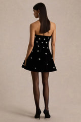 Tessa | Black Hand-Embellished Velvet Bandeau Mini Dress