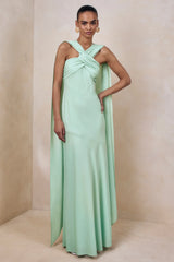 Sloane | Mint Satin Halter-Neck Maxi Dress With Cape