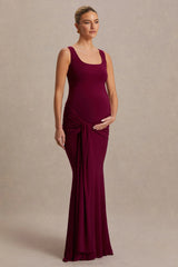 Baylin | Burgundy Square-Neck Maternity Maxi Dress With Ruched Detailing And Sash