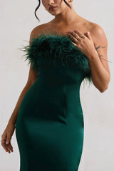 One And Only | Bottle Green Satin Feather Trim Bandeau Midi Dress