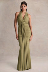 Roselani | Olive Halter-Neck Maxi Dress With Open-Back