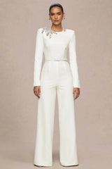 Prize | Cream Crew-Neck Jumpsuit With Embellishment Detail