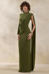 Oliria | Olive High-Neck Maxi Dress With One-Long Sleeve And Sash-Detail