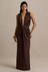 Serafina | Chocolate Extreme-Plunge Neck Maxi Dress With Wrap And Ruched Details