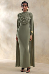 Lysoria | Olive High-Neck Maxi Dress With Draped-Detailing And Cape-Sleeves