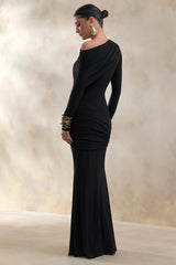 Kessara | Black Asymmetric-Neck Maxi Dress With Sash And Gathered-Detailing