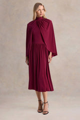 Honora | Burgundy High-Neck Midi Dress With Cape-Sleeves