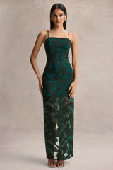 Hada | Dark Green Satin Devore Square-Neck Maxi Dress With Removable Twisted-Cape