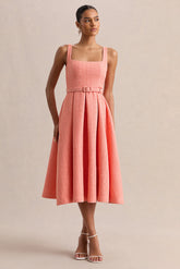 Camoria | Coral Boucle Square-Neck Midi Dress