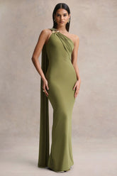 Mandy | Olive Asymmetric-Neck Maxi Dress With Gold-Detail