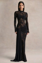 Akira | Black Lace Maxi Dress With Sash-Detail