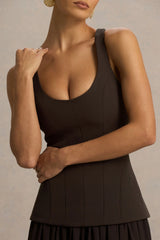 Kelly | Brown Scoop-Neck Maxi Dress With Pleated Mesh Skirt