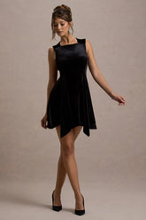Baker | Black Velvet Draped-Hem Mini Dress