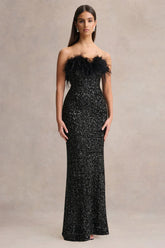 Daze | Black Sequin Bandeau Maxi Dress With Feather-Trim