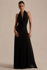 Verity | Black Cowl-Neck Maxi Dress With Sheer-Skirt