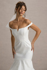 The Greatest | White & Cream Bardot Maxi Dress With Tulle Skirt